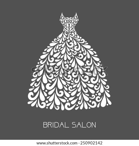 Wedding dress. Vector floral decoration made from swirl shapes. Simple decorative gray and white illustration for print, web.