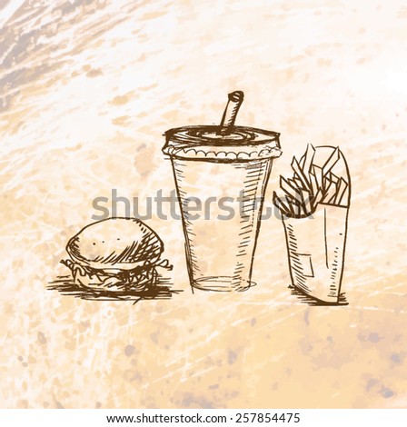 fast food, hamburger drink fries food dishes grungy background vector