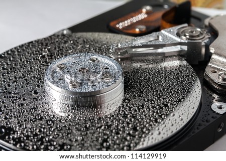 Hard disk drive with water drops.