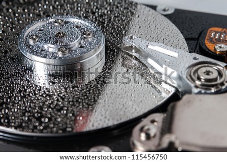 Hard disk drive with water drops.