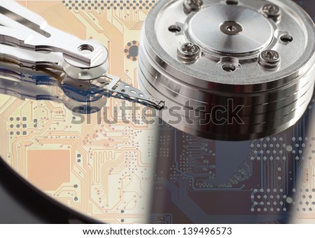 Hard disk drive and circuit board on it\'s surface.