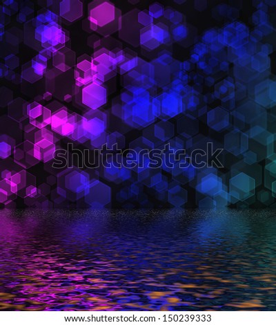 Hexagon bokeh background reflected in water surface.