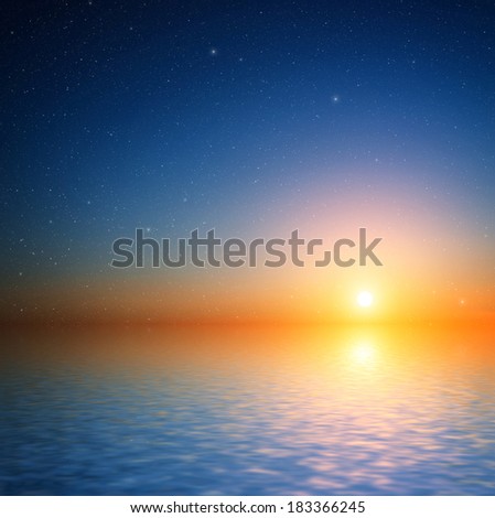 Sunset sky with stars reflected in water surface.