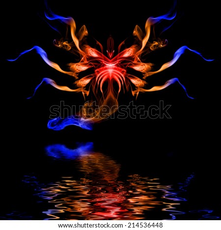 Abstract figure reflected in water surface.