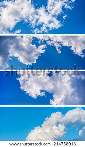 Collection of horizontal sky banners with white clouds in the sky.