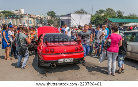 VLADIVOSTOK, RUSSIA - AUGUST 9, 2014: Car audio show on Batareinaya street in Vladivostok. The event is part of the program EMMA Russia Event.