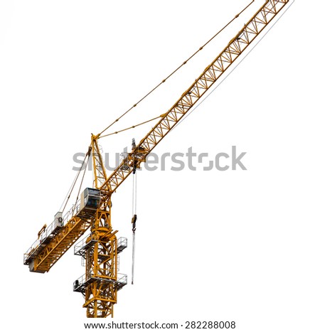 Yellow tower crane isolated on white.
