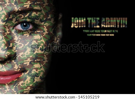 Woodland camouflage painted on woman a face - army concept