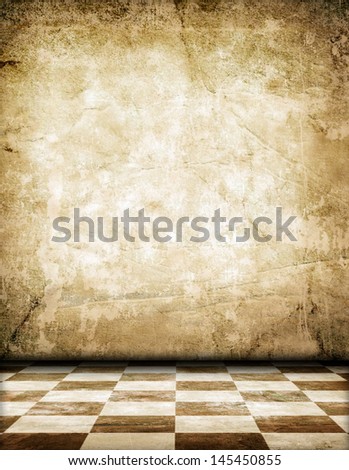 Grunge room with chess floor and empty wall