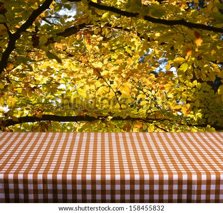 Empty table with orange gingham tablecloth over autumn leaves background. Great for product display montages