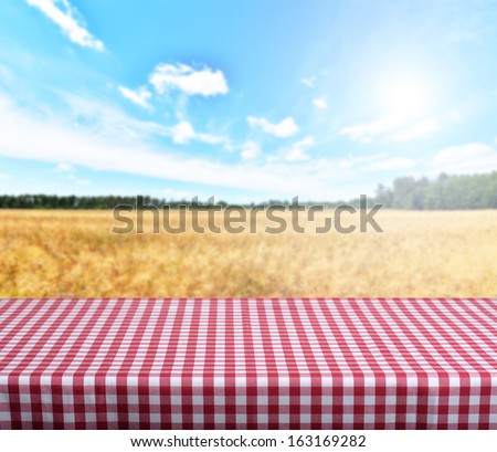 Empty Gingham Table With Blue Sky In Background. Ready For Product Display Montage.