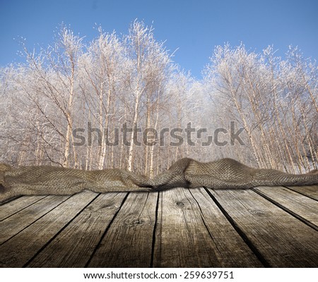 Empty wooden deck table with winter trees in background. Ready for product display montage.