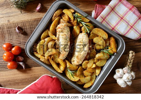 Chicken loins stuffed with bacon and gorgonzola cheese roasted with potatoes