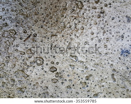 Broken grunge cement texture background  with dirt, lichen and bubble holes
