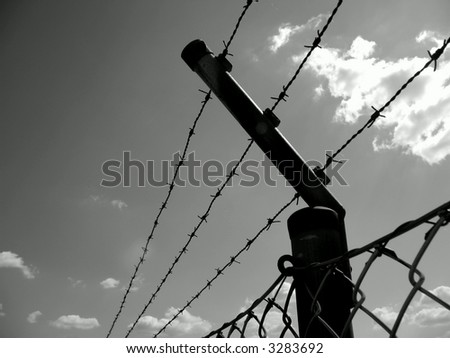 Barbed wire with sun-lit sky background in black and white