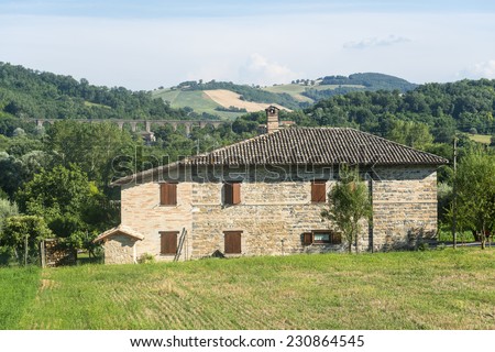 Landscape near Tolentino and San Severino Marche (Macerata, Marches, Italy) at summer. Old house.