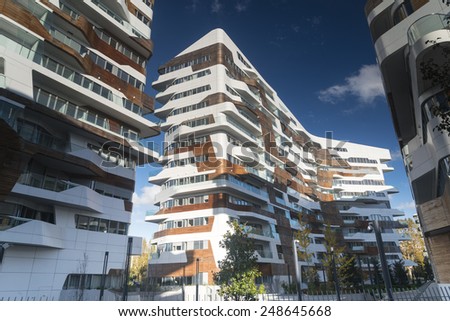 MILAN, ITALY - NOVEMBER 16, 2014: Citylife, modern residential and business buildings in Milan (Lombardy, Italy).