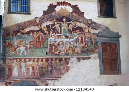 stock photo : Clusone (Bergamo, Lombardy, Italy) - Oratorio dei Disciplini: Danza Macabra, Dance of the Death, ancient fresco