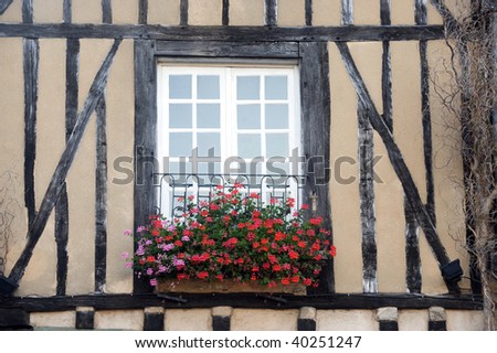 Le Mans (Sarthe, Pays de la Loire, France) - Window and red flowers in the ancient city