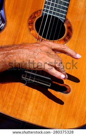 a Musician hands playing a classic guitar