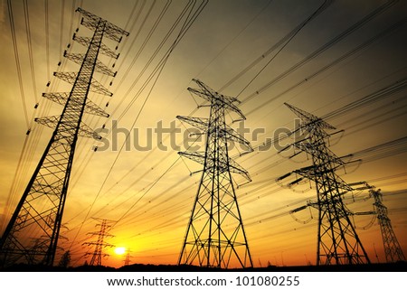 Background of the high-voltage tower in the sunset in skyline