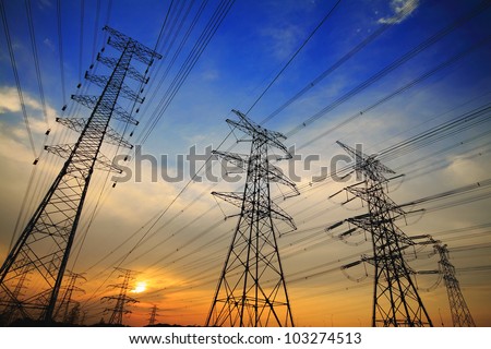 Background of the high-voltage tower in the sunset