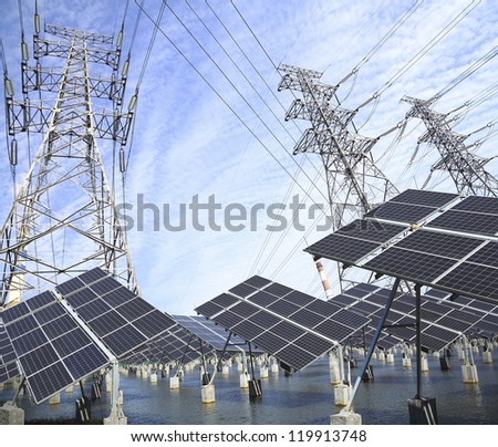Power plant using renewable solar energy with sun and Power transmission tower