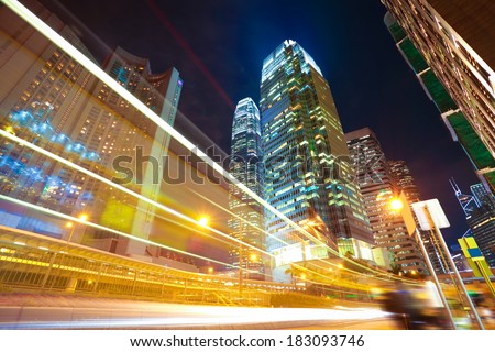 Hong Kong modern landmark buildings backgrounds of city road light trails