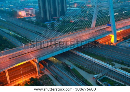 Aerial view of Wuhan at City viaduct road night scene