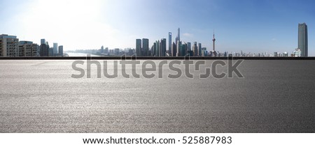 Empty road floor surface with modern city landmark buildings in Shanghai skyline of 180 degrees panorama
