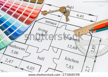 architectural drawings, palette of colors designs, drawing tools