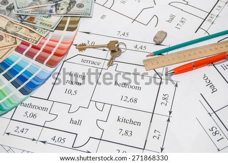 architectural drawings, palette of colors designs, drawing tools