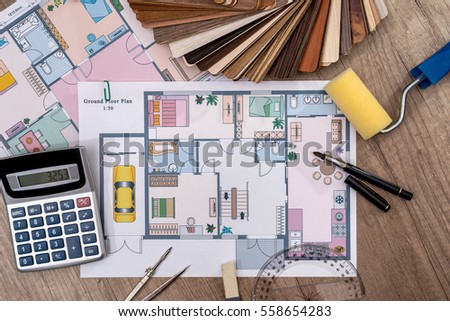 architectural design of the house with tools and furniture catalog colors