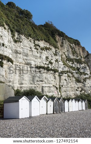 Beach Huts at Beer, Devon, UK.