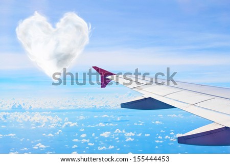 Airplane wing in flight with blue sky