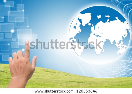 Hand Pressing Button To Connect World Of Business Concept