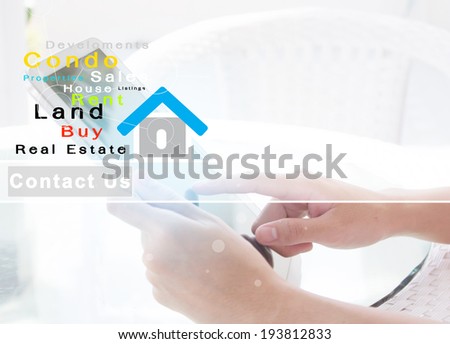 Close Up Hand Of Woman Using Tablet For Searching Real Estate,Concept Background