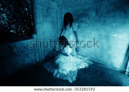 Me and My Sister,Ghost in Haunted House,Mysterious Twins Woman in White Dress Standing and Sitting in Abandon Building,Horror Background For Halloween Concept and Book Cover Ideas