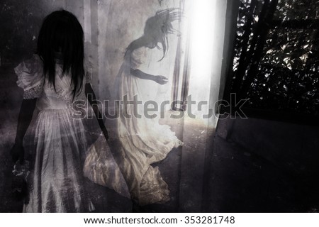 Fear Night,Ghost in Haunted House,Mysterious Woman in White Dress Standing in Abandon Building,Horror Background For Halloween Concept and Book Cover Ideas