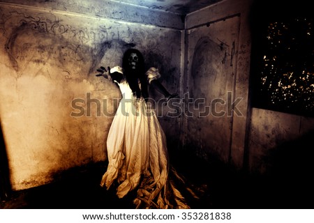 Night of the Revenge,Ghost in Haunted House,Mysterious Woman in White Dress Standing in Abandon Building,Horror Background For Halloween Concept and Book Cover Ideas