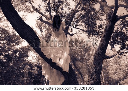 Guardian of the Forest, Mysterious Woman in White Dress in the Forest,Scary Woman in the Wood,Horror Background For Halloween Concept and Book Cover Ideas
