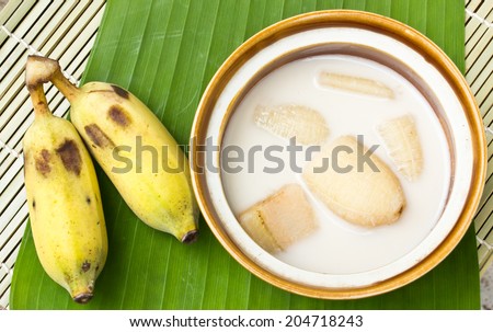 Banana in coconut milk and banana on banana leaves,Thai desert