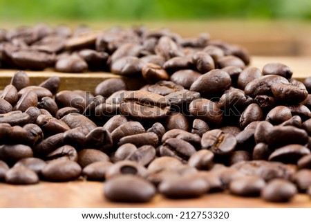 Coffee on wooden background Fresh coffee beans on wood and Natural background,ready to brew delicious coffee