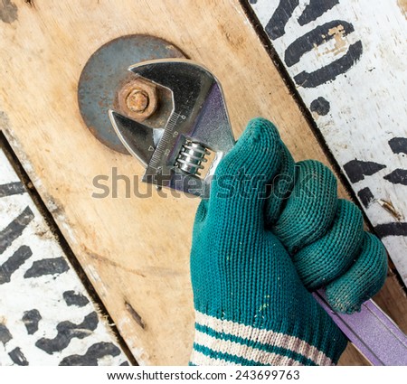 mechanic was holding a wrench.The background is so nuts on a wooden floor.