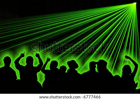 Excelent green laser party at the club with dance silhouette people.