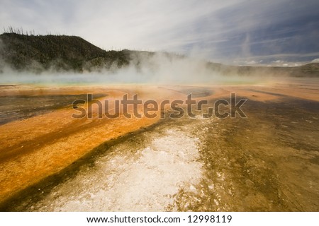 Vibrant orange colors of Grand Prismatic Spring in Yellowstone National Park.