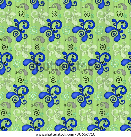 Blue and green curvy curly swirl pattern on striped background