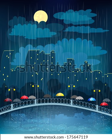 Landscape with night city in rainy weather