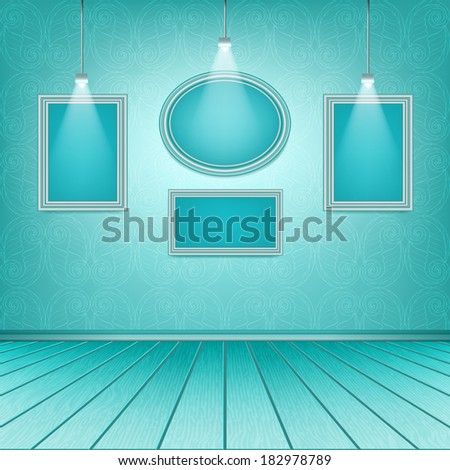 Luxury blue interior with empty frames. Picture gallery. Raster copy