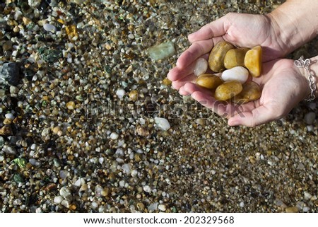 Female hands with sea stones. Palm on the background of small sea stones. Handful of sea stones